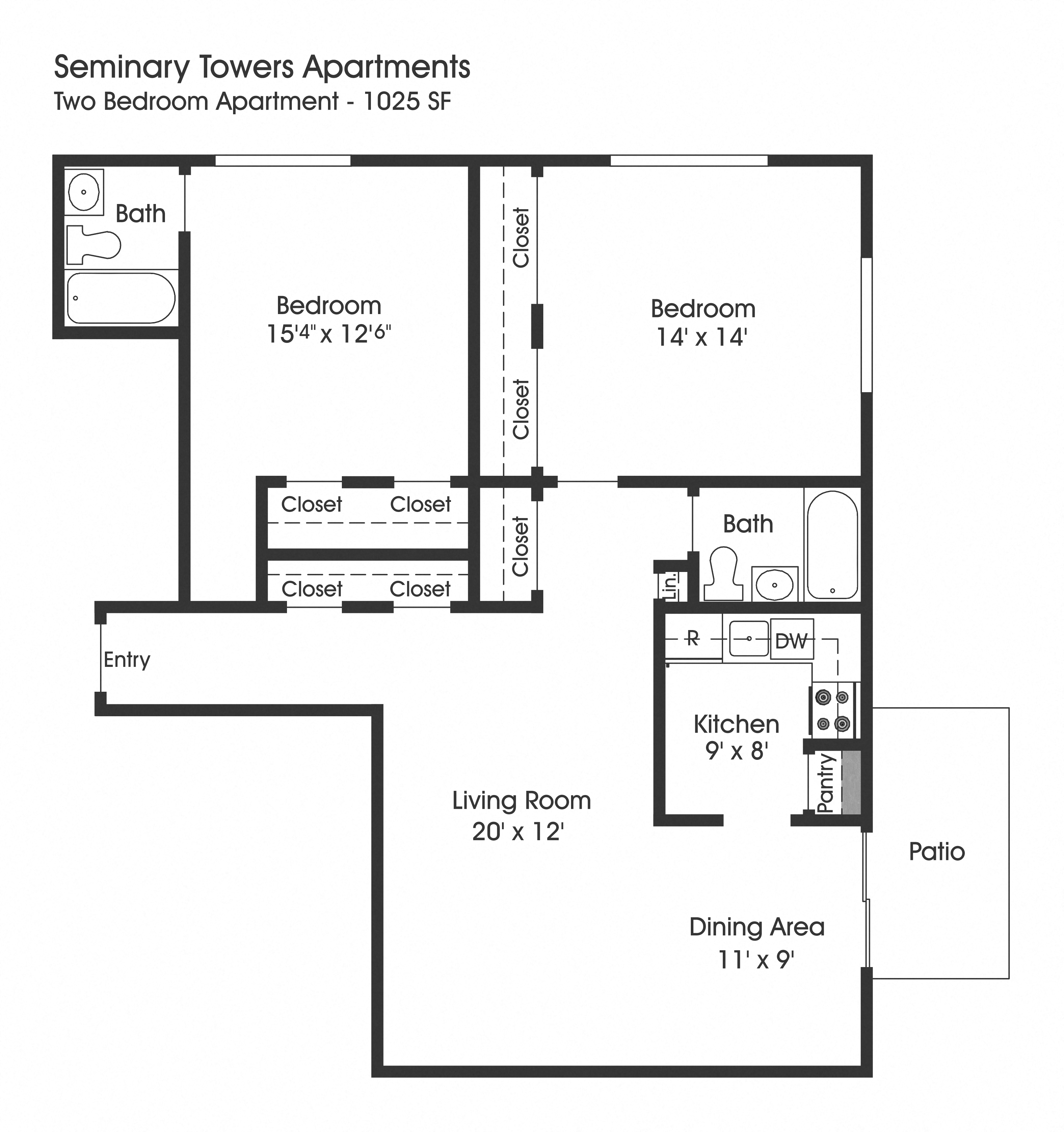 Floor plan for 2 beds, 2 baths, 1025 sqft